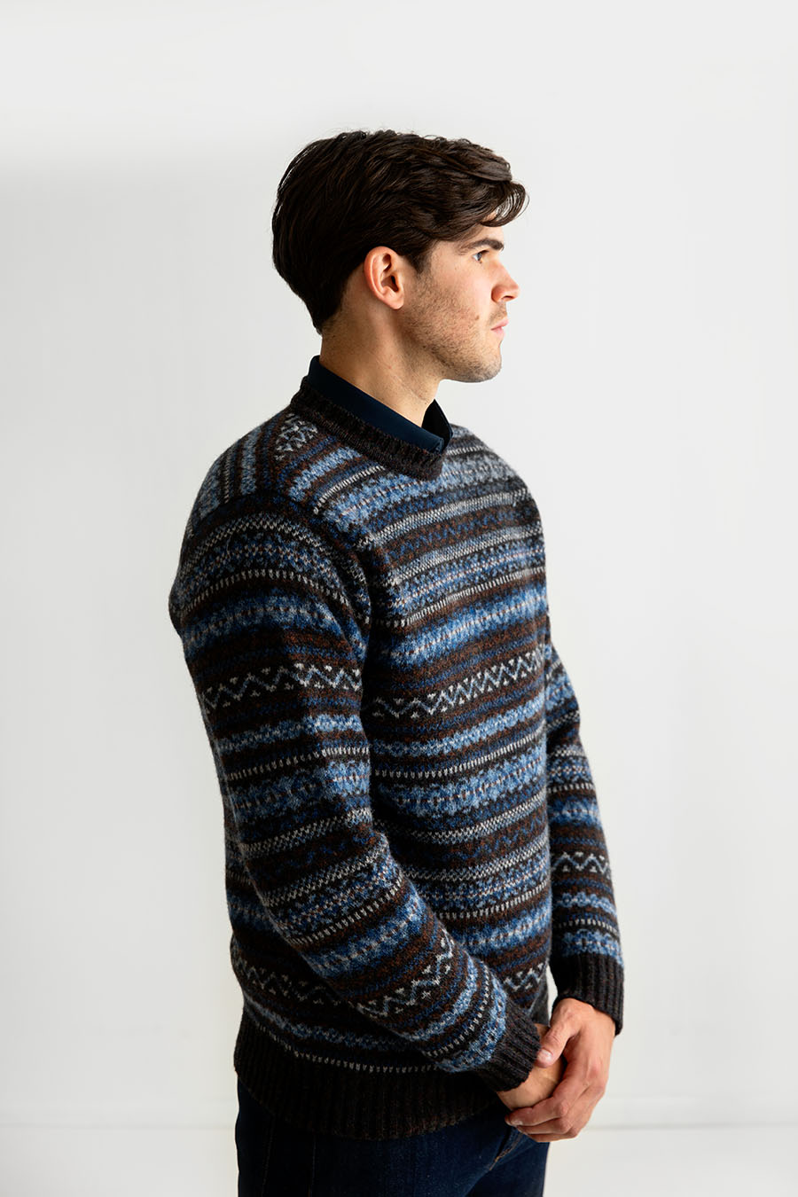 mens fair isle jumper sweater blue brown wool kinnaird 