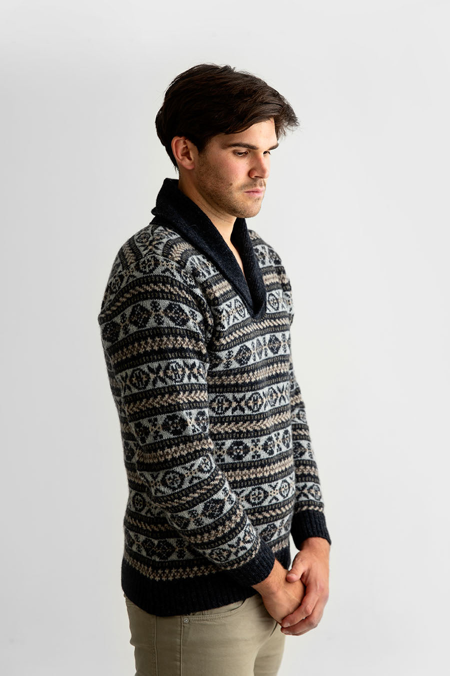 Mens fair isle wool sweater shawl collar jumper charcoal grey Lerwick