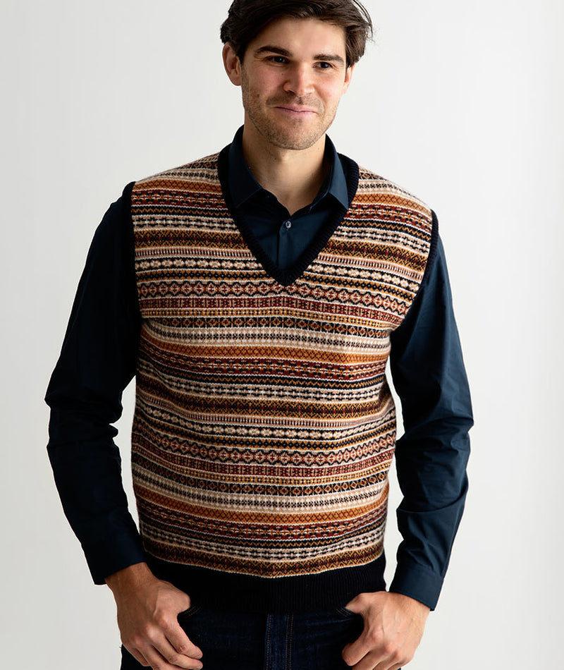 mens fair isle sleeveless jumper sweater vest slipover tank top navy gold