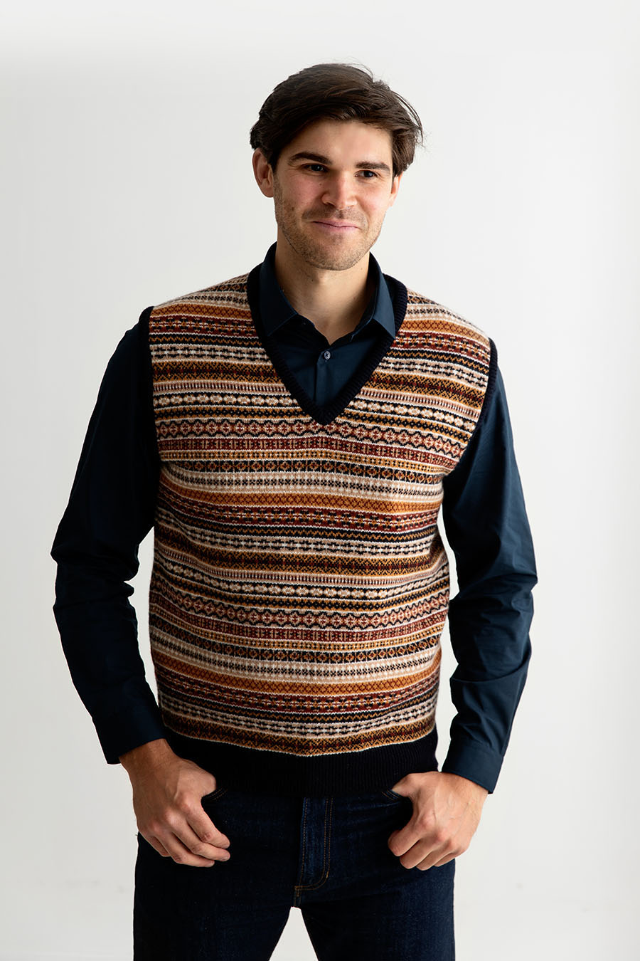 mens fair isle sleeveless jumper sweater vest slipover tank top navy gold