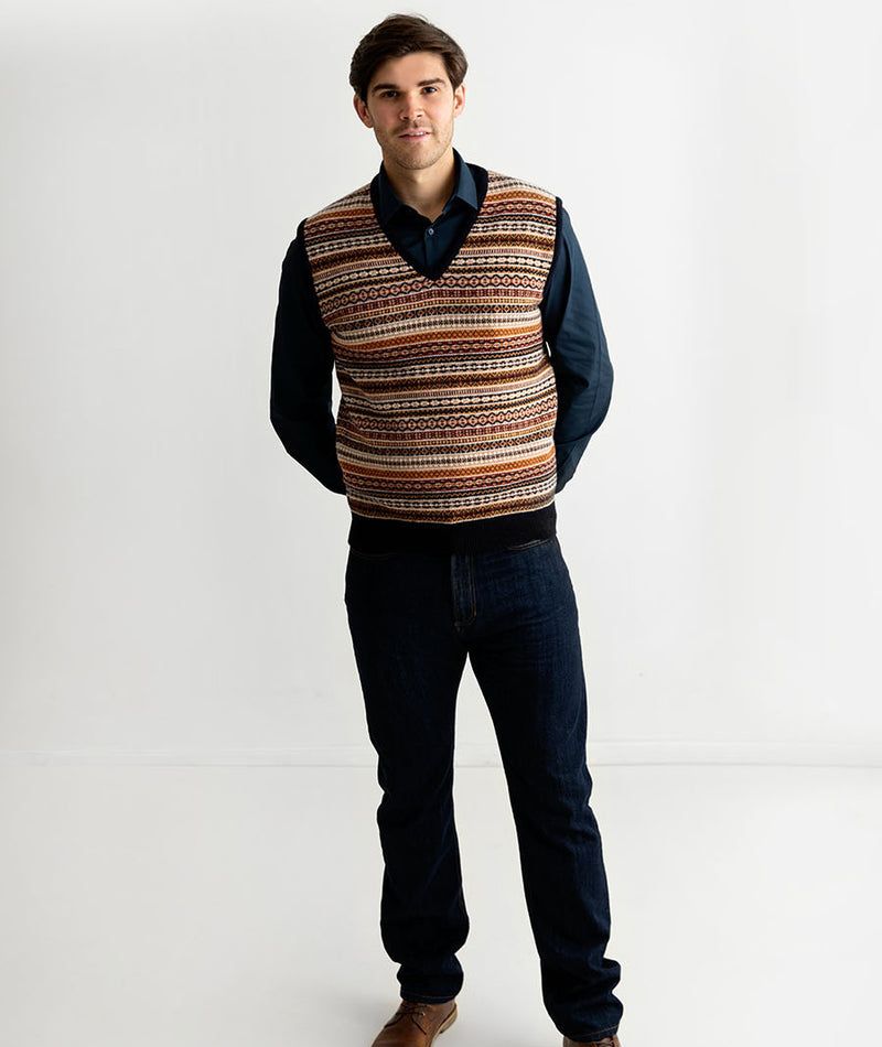 mens fair isle sweater vest slipover tank top sleeveless jumper navy gold