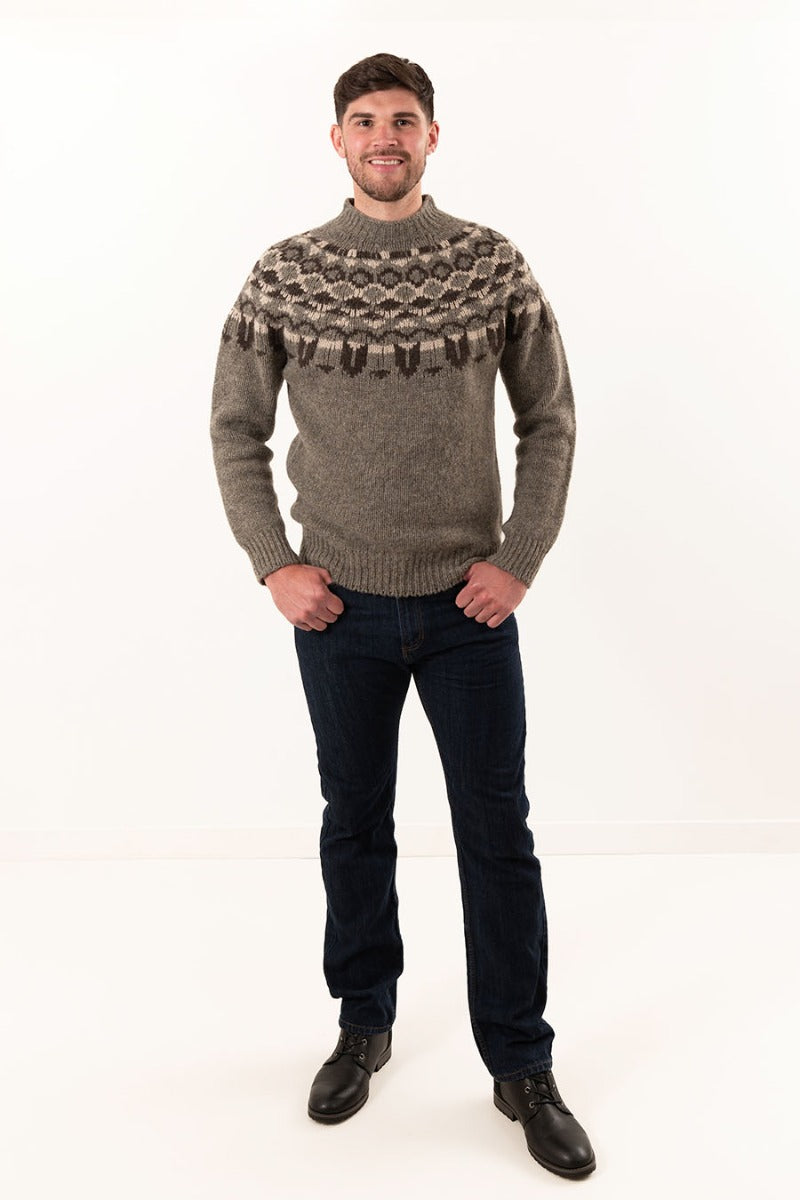 mens wool fair isle yoke jumper sweater brown oyster brodgar