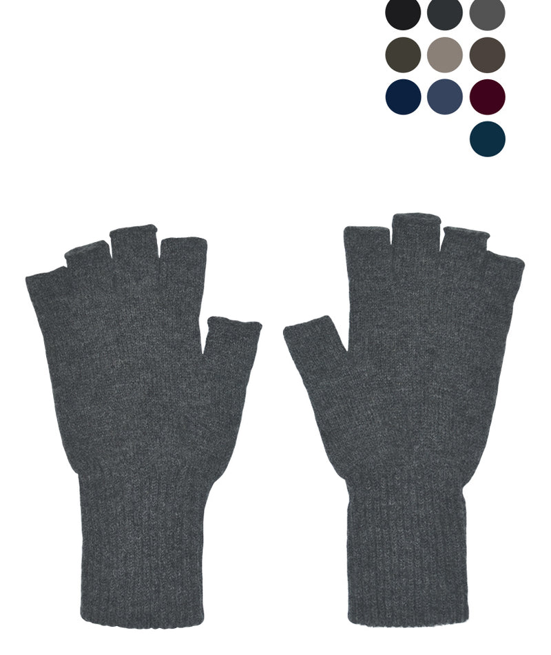 A pair of men's lambs wool fingerless gloves in gray, displayed alongside colour swatches indicating available colour options including black, brown, gray, navy blue, teal, burgundy and khaki.