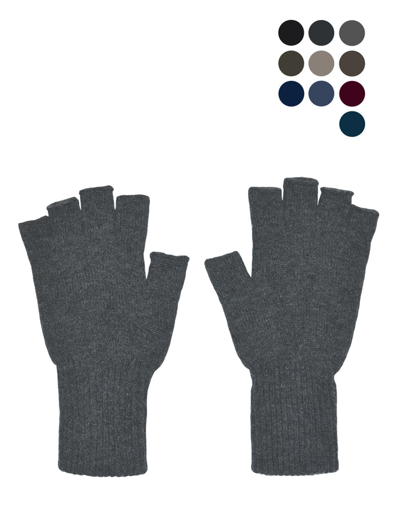 A pair of men's lambs wool fingerless gloves in gray, displayed alongside colour swatches indicating available colour options including black, brown, gray, navy blue, teal, burgundy and khaki.