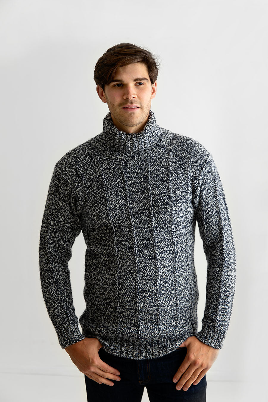 Mens Needle Rib polo neck jumper sweater in Moray blue The Croft House