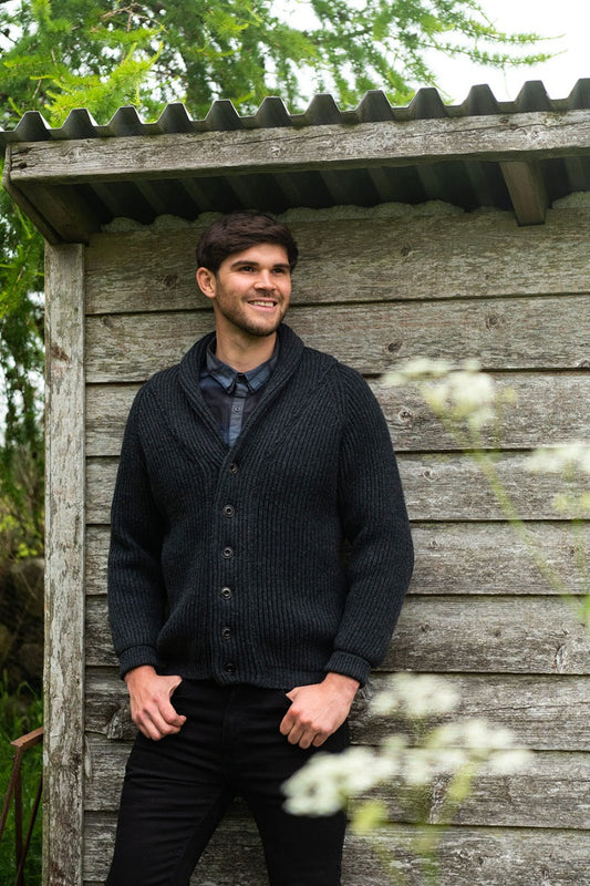 mens wool shawl collar cardigan chunky ribbed charcoal grey
