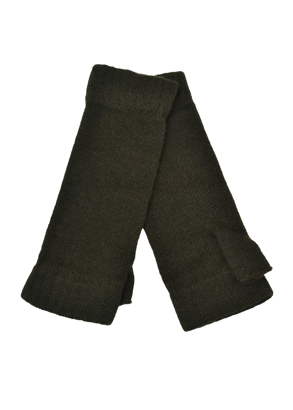 A pair of dark khaki green knitted cashmere wrist warmers with ribbed ends on a white background.