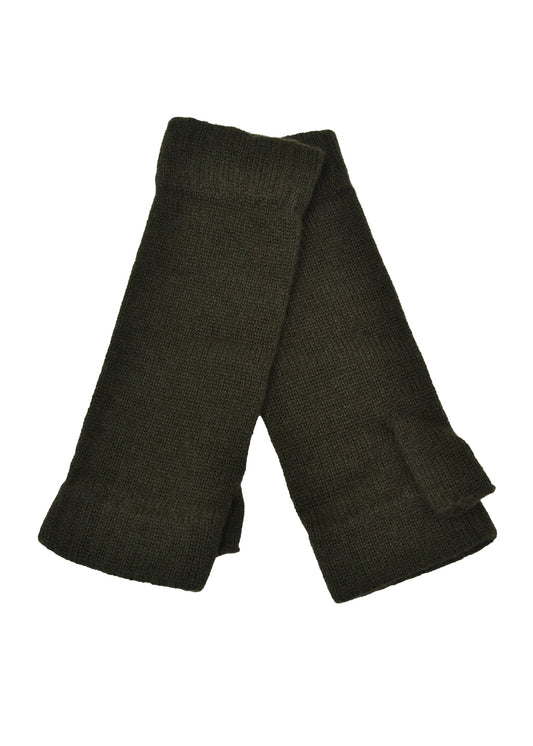 A pair of dark khaki green knitted cashmere wrist warmers with ribbed ends on a white background.
