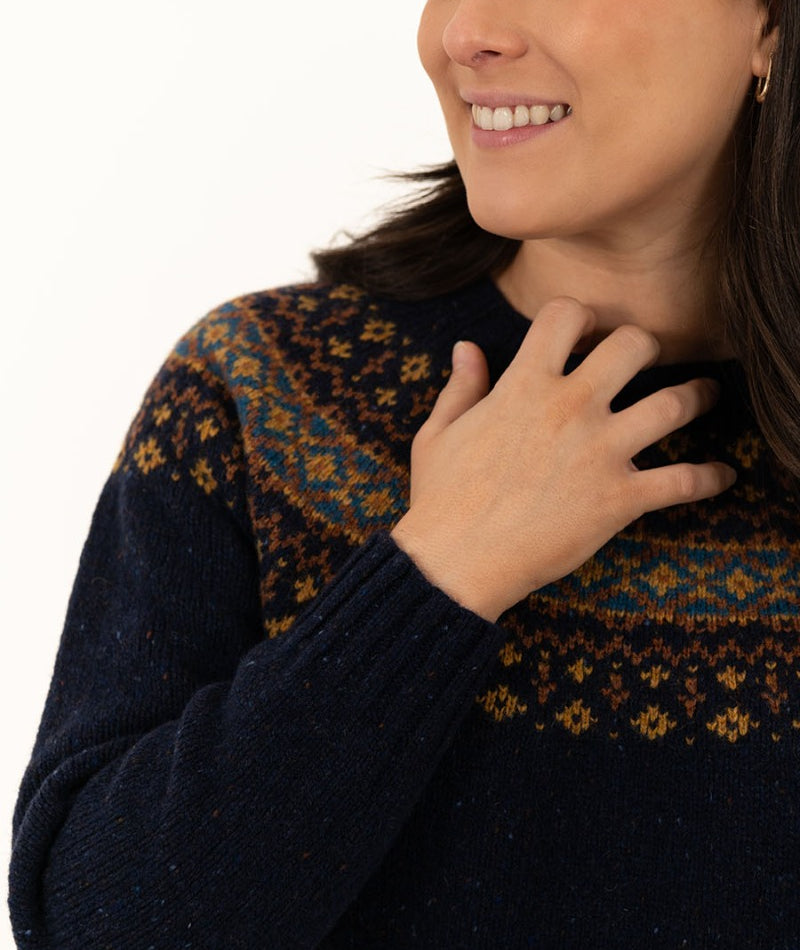 Womens Scottish Merino Wool Croft Yoke Fair Isle Jumper in Navy blue ...