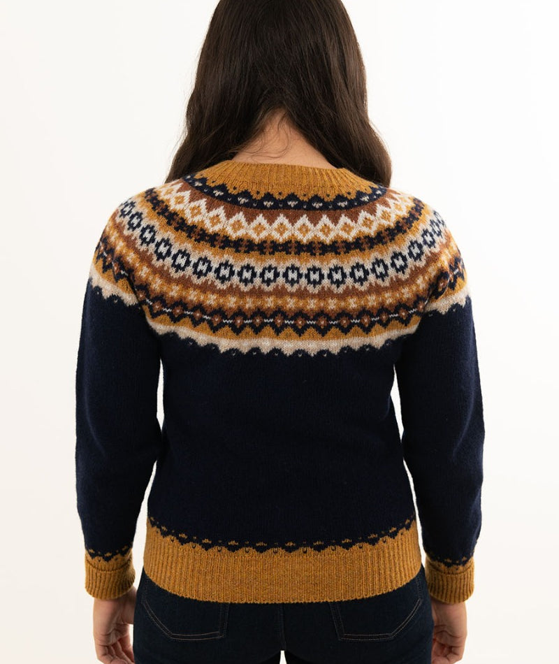 Navy blue wool fair isle cardigan sweater Ladies Womens crathie yoke