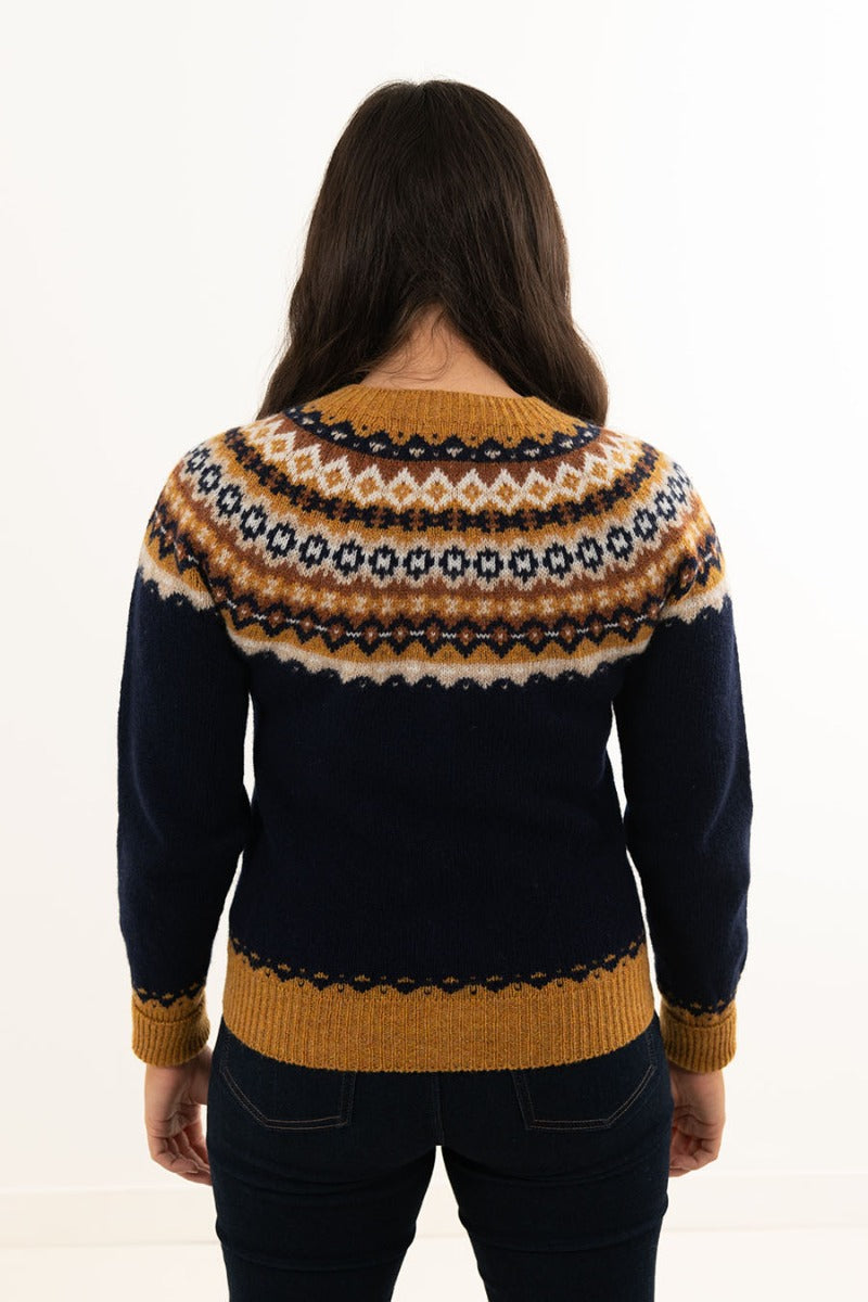 Navy blue wool fair isle cardigan sweater Ladies Womens crathie yoke