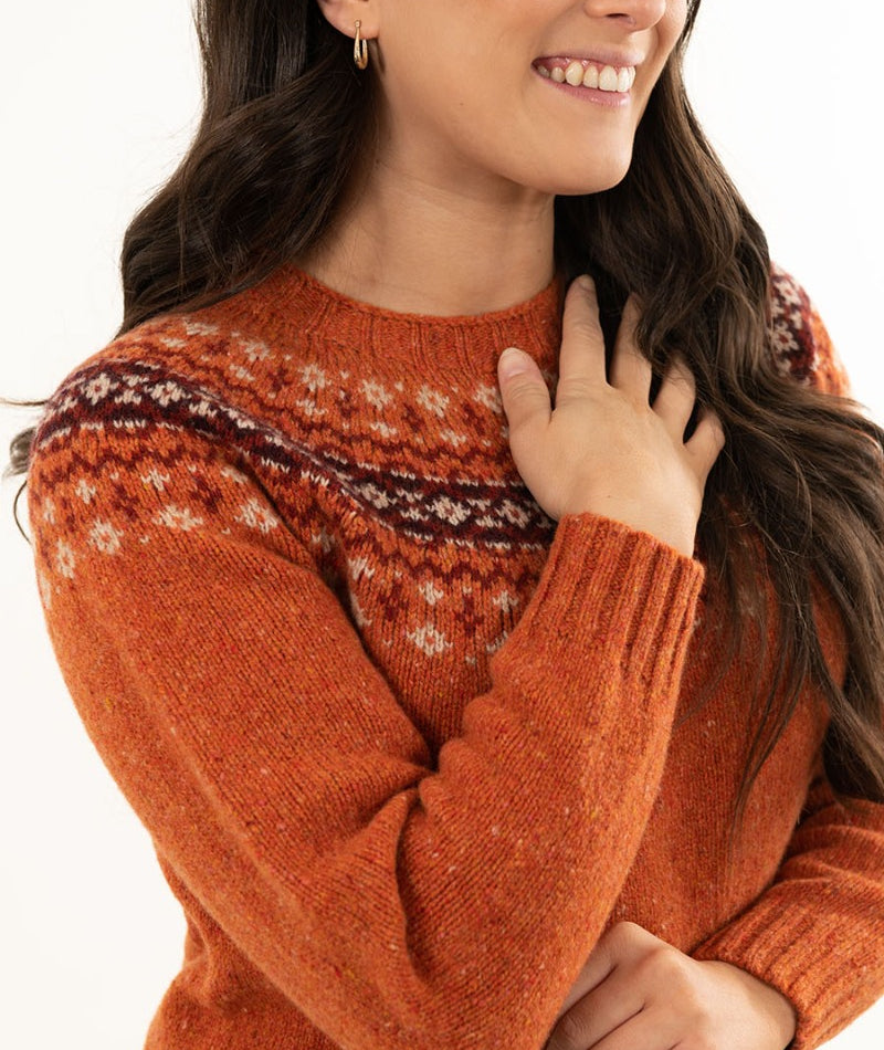 orange wool fair isle jumper sweater womens croft yoke