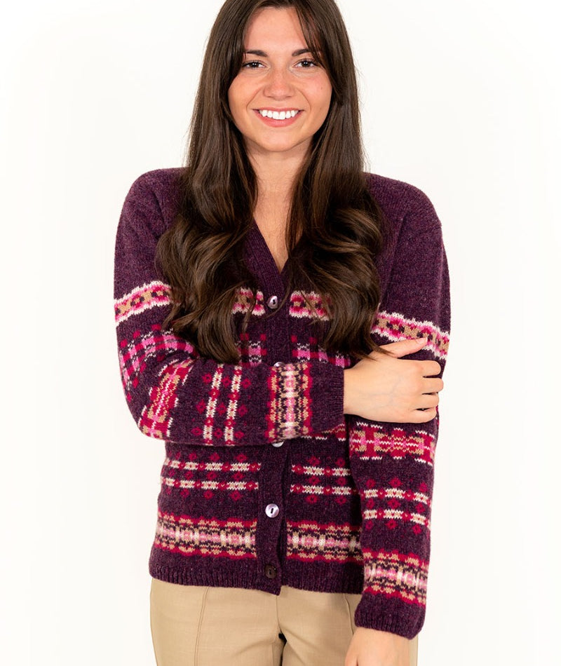 purple wool fair isle cardigan womens ladies v neck