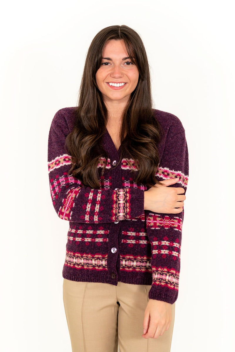 purple wool fair isle cardigan womens ladies v neck