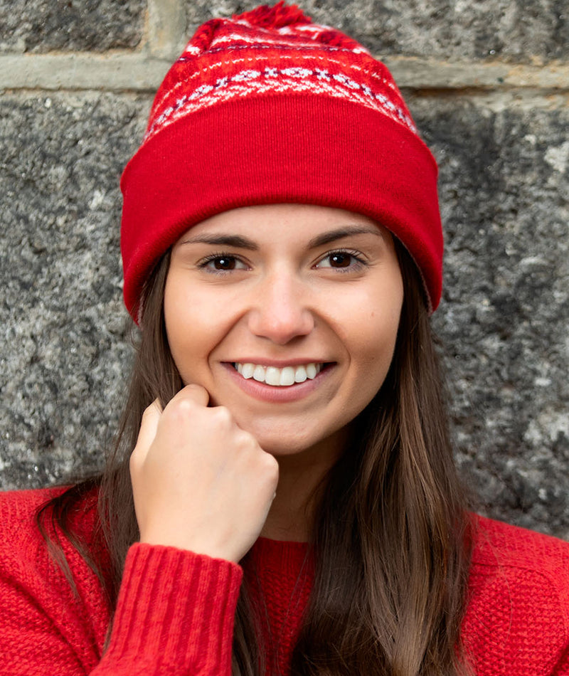 red fair isle ski hat lambs wool pom bobble ugie