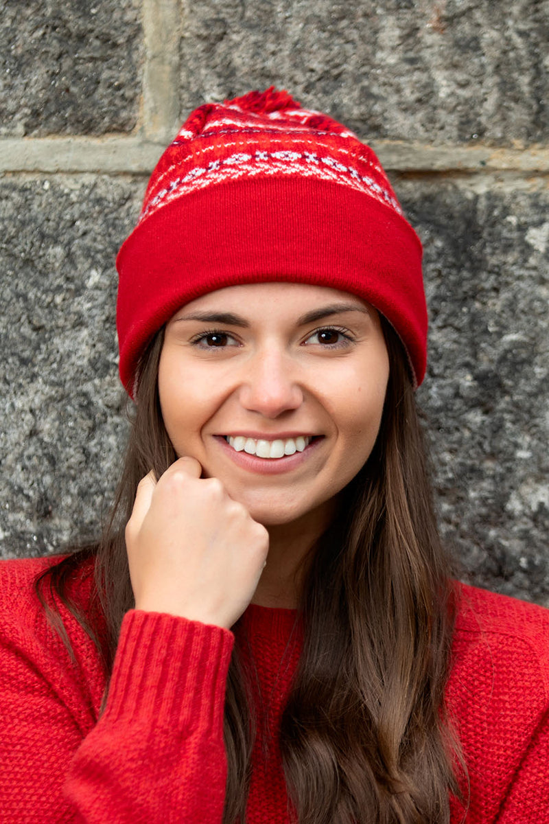 red fair isle ski hat lambs wool pom bobble ugie