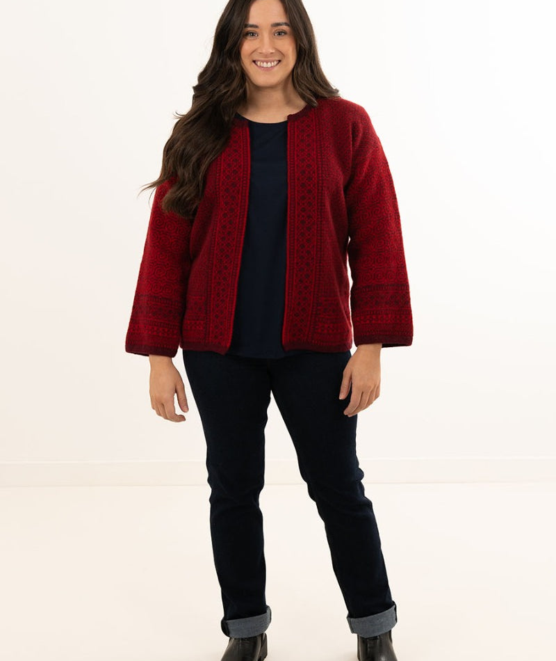 red wool fair isle womens cardigan sweater towie kimono
