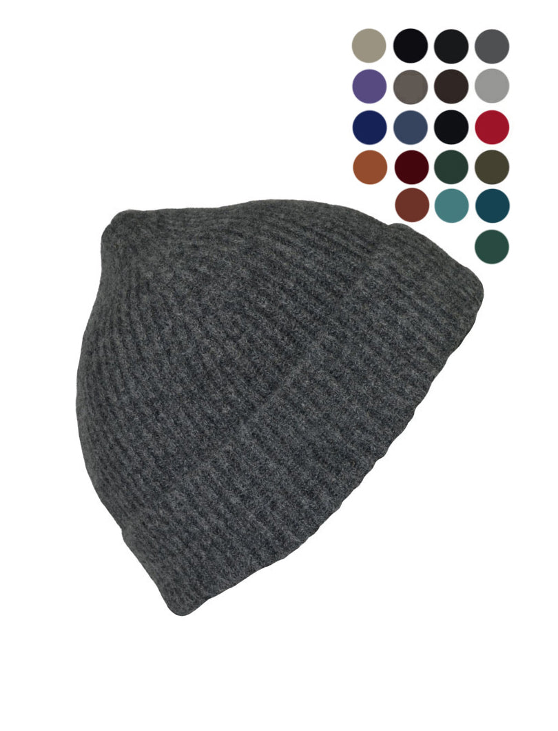 Scottish Lambs wool ribbed beanie hat. In a wide range of colours