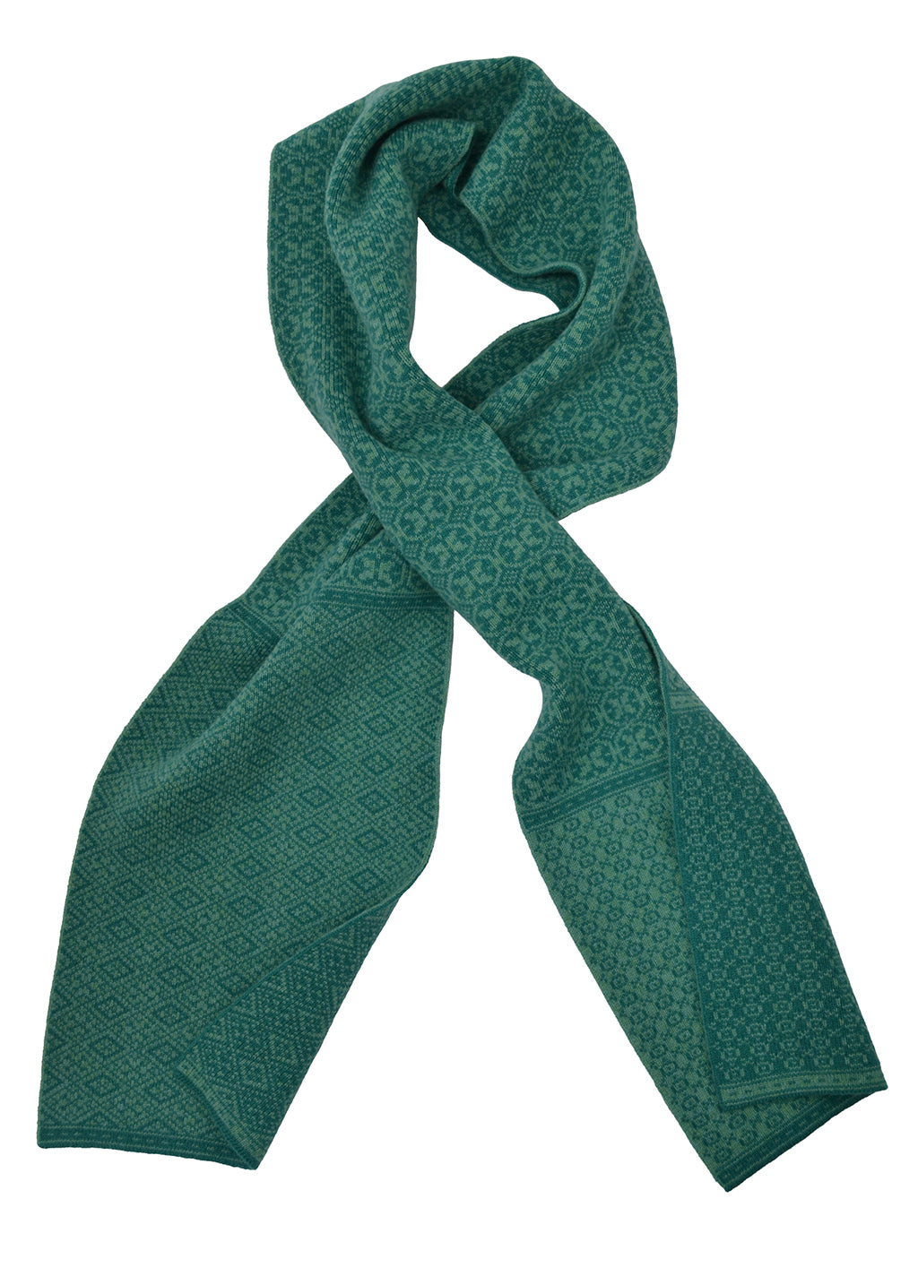 A sea green scarf with a subtle repeating geometric pattern, arranged in a loop on a solid white background.