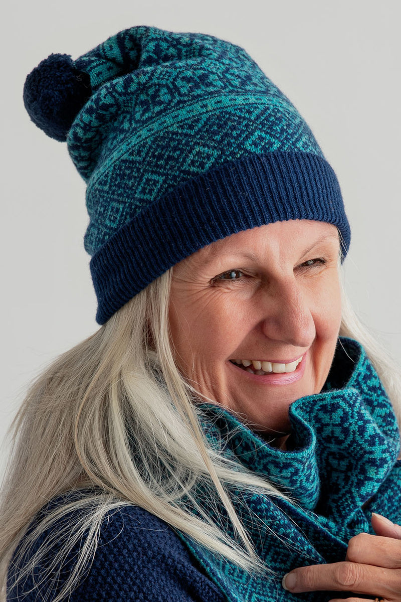 rubislaw fair isle ski hat teal navy blue wool pom