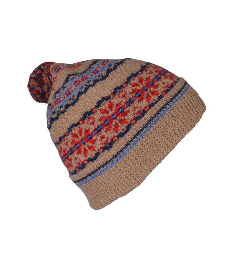 Fair isle ski hat camel blue red lambs wool Scalloway pom