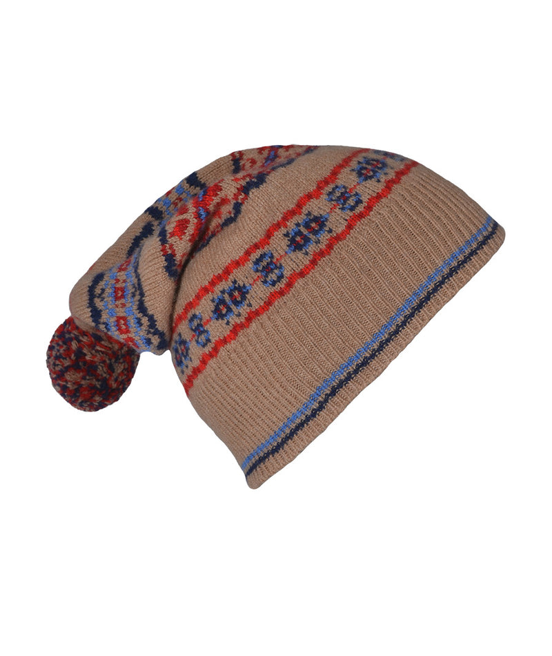 Fair isle ski hat camel blue red lambs wool Scalloway