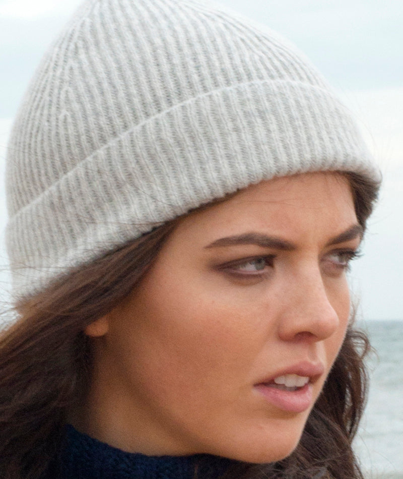 womens Scottish lambswool ribbed beanie hat  
