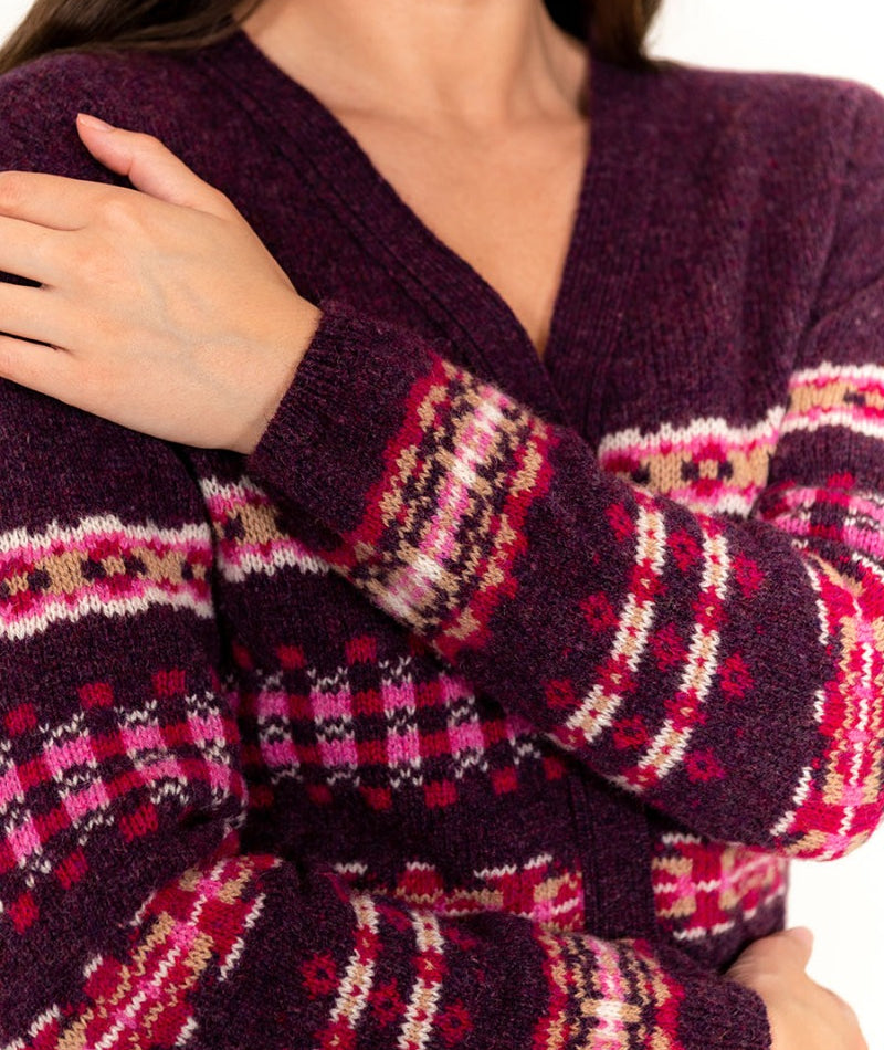Scottish wool fair isle cardigan aubergine pink womens
