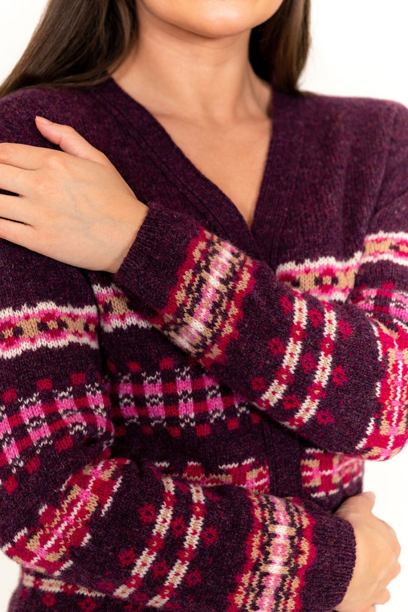Scottish wool fair isle cardigan aubergine pink womens
