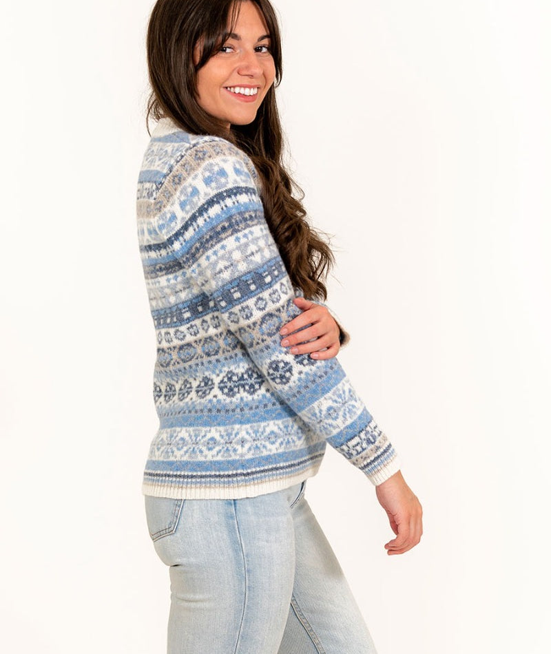scottish made womens fair isle jumper drumtochty blue white