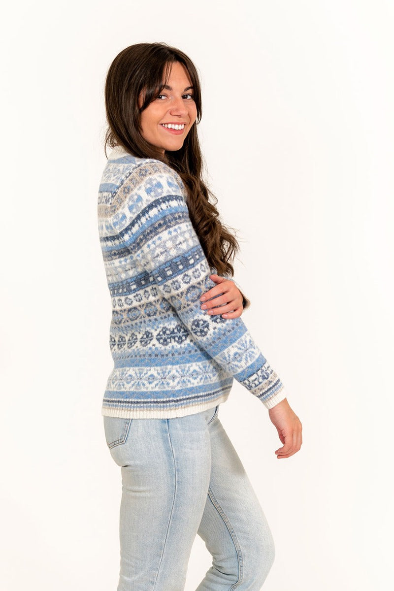 scottish made womens fair isle jumper drumtochty blue white
