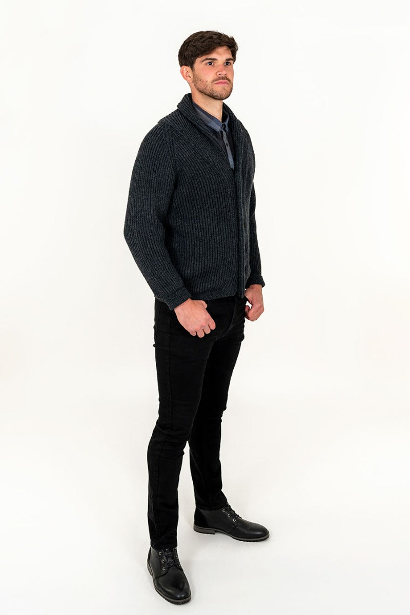 shawl collar cardigan charcoal grey wool for men