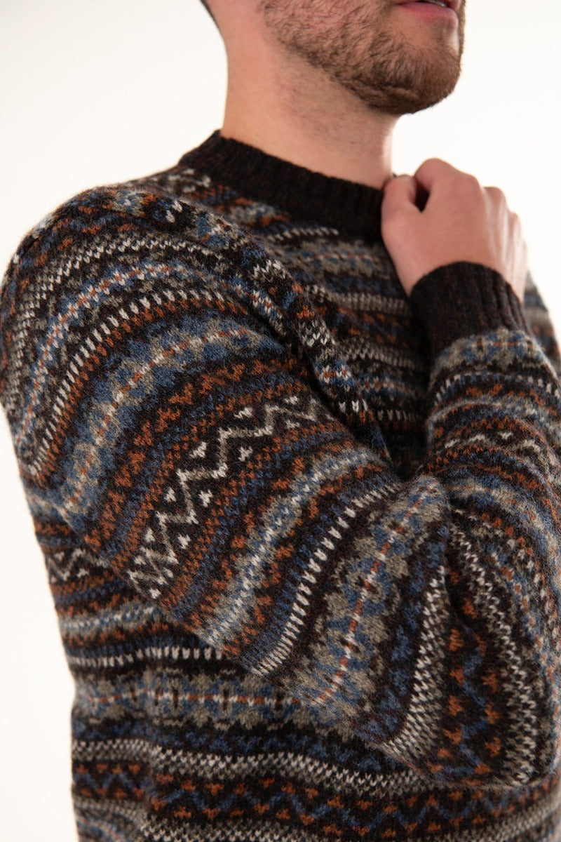 shetland wool mens fair isle sweater jumper brown rust blue kinnaird