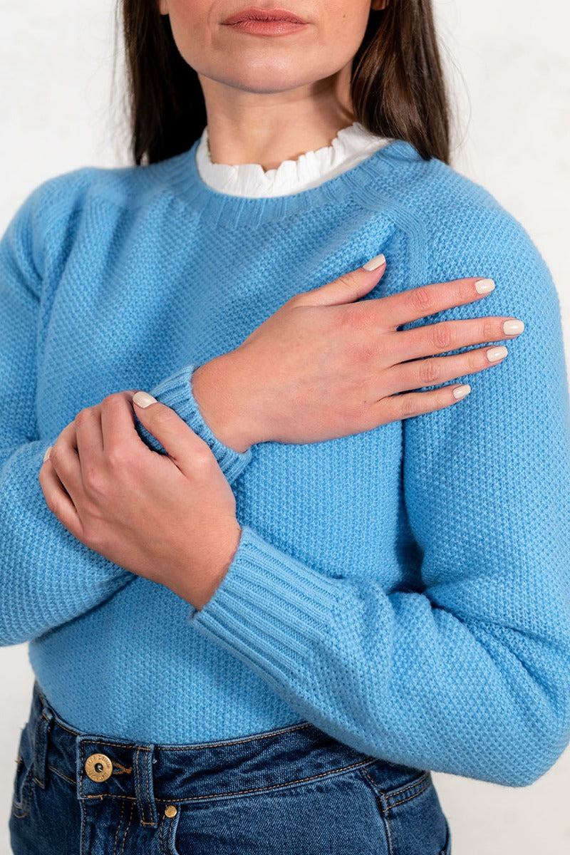 womens sky blue moss stitch lambs wool jumper sweater fine geelong