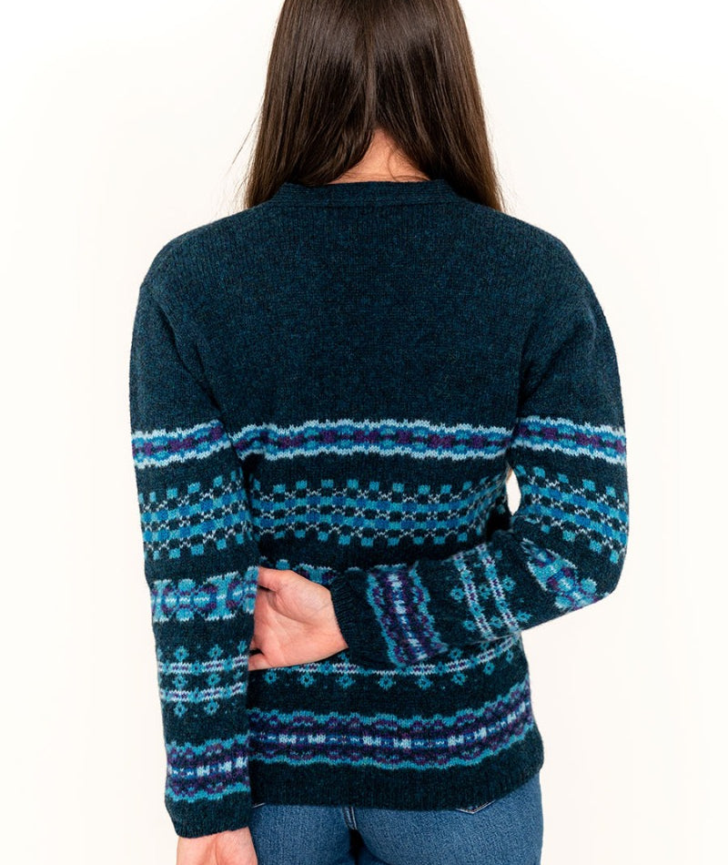 teal wool womens v neck cardigan fair isle craigievar