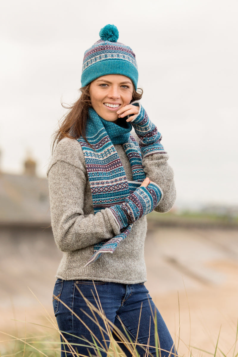 tweed fair isle wool scarf teal