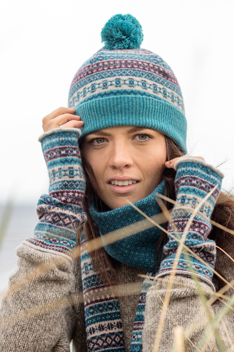 tweed fair isle fingerless gloves teal