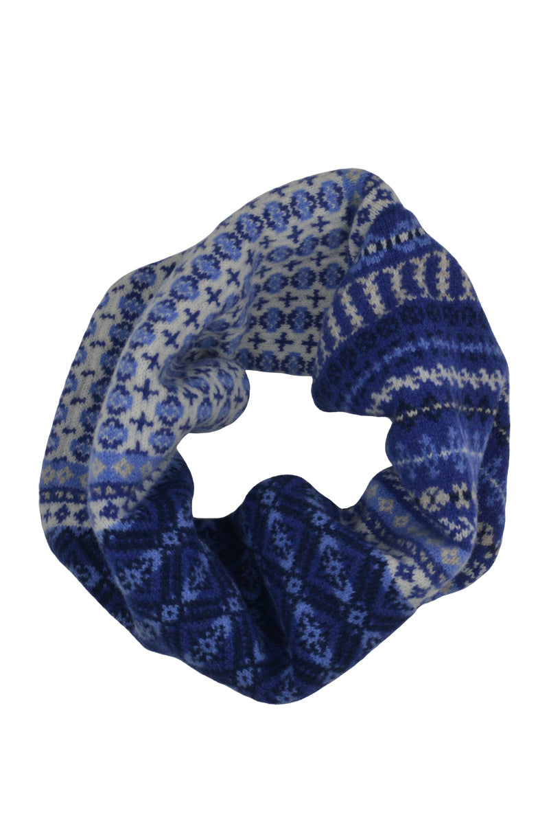 "Ugie" fair isle neck warmer snood cowl scarf. Blue