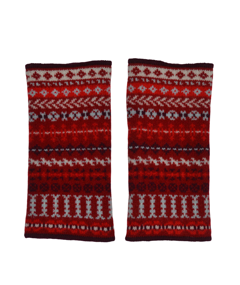 "Ugie" fair isle wrist warmer fingerless gloves. Red