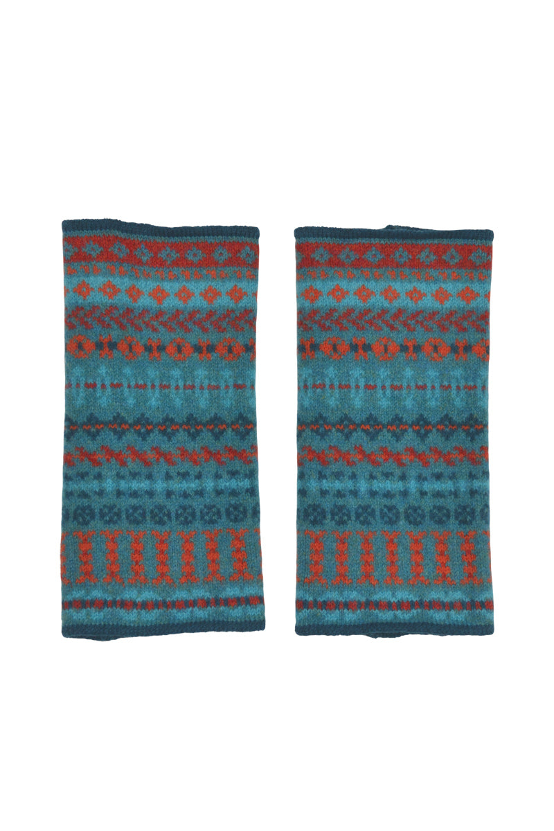 "Ugie" fair isle wrist warmer fingerless gloves. Teal