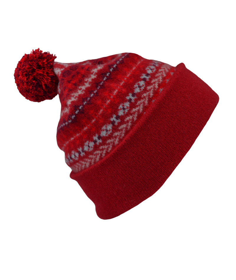 "Ugie" fair isle pom pom ski hat . Red