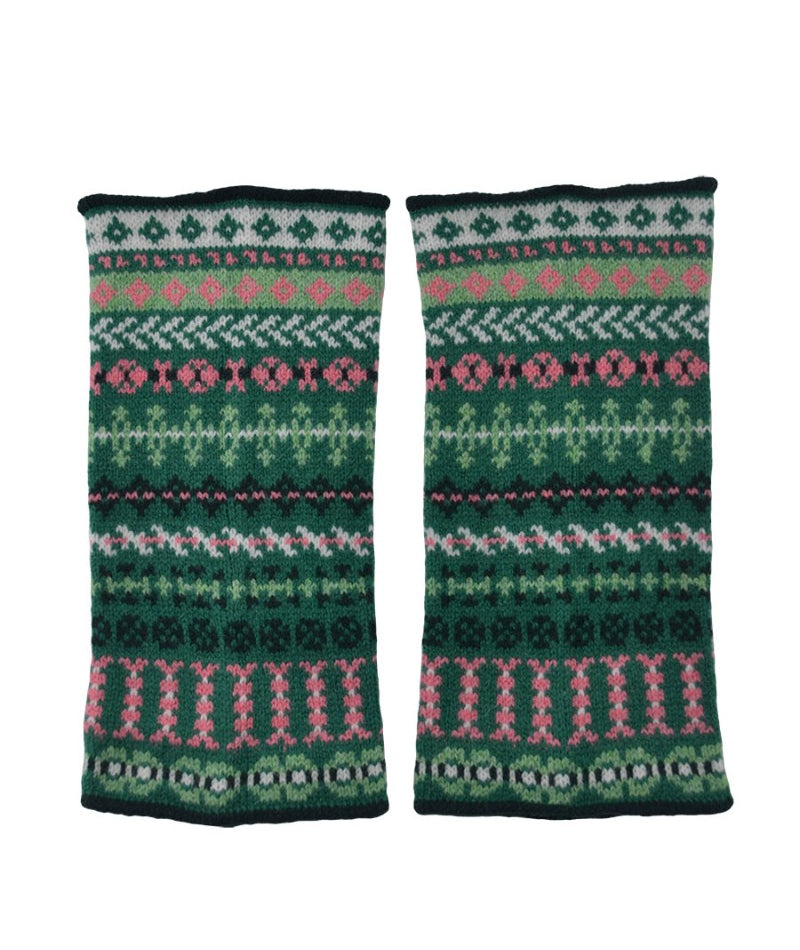 Fair isle wrist warmer fingerless gloves green pink ugie