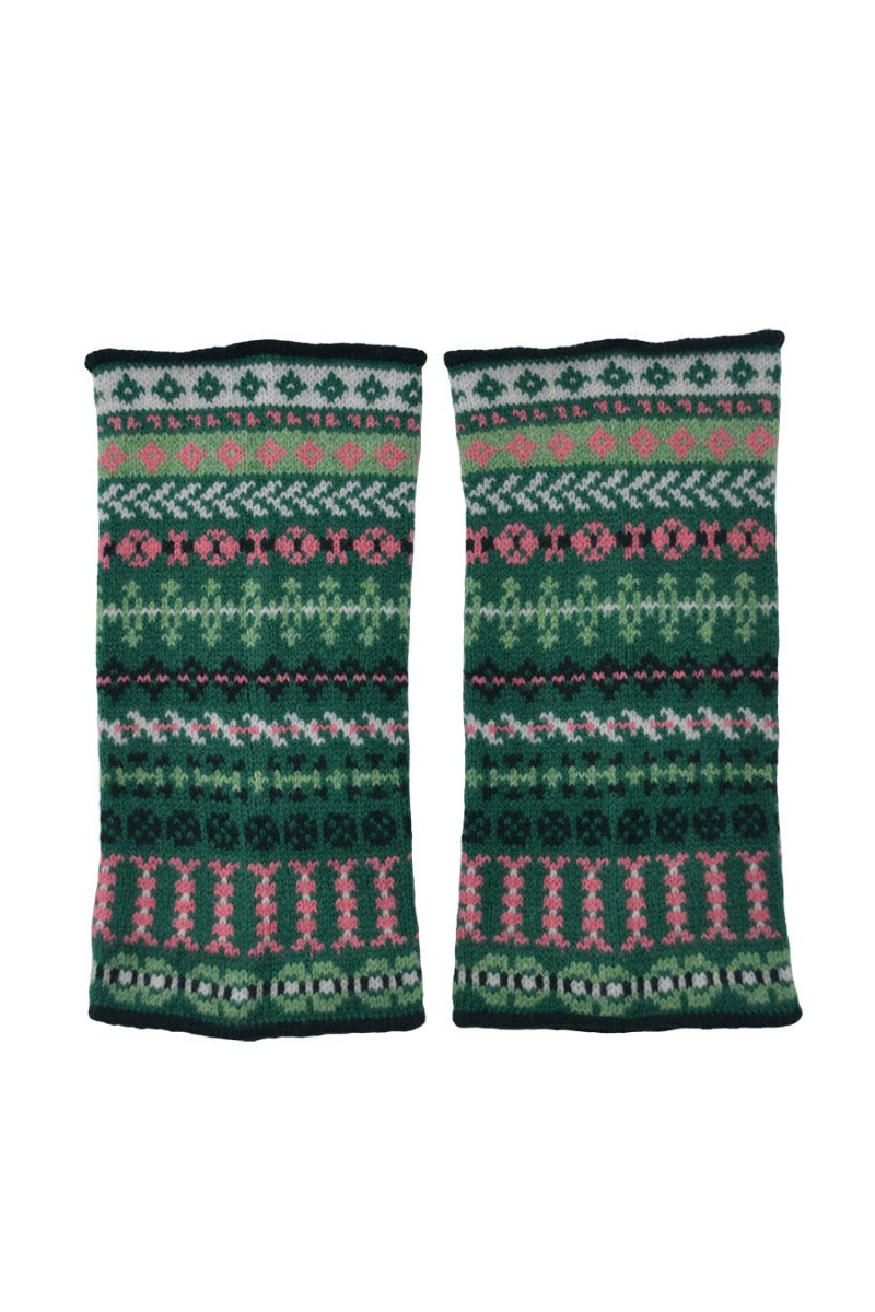 Fair isle wrist warmer fingerless gloves green pink ugie