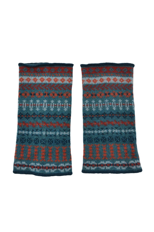 "Ugie" fair isle wrist warmer fingerless gloves in Teal and orange on a white background