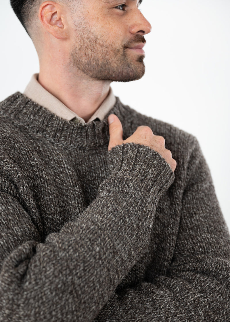 A close-up of a man wearing a dark brown and gray marl knit sweater over a light beige collared shirt, shown against a plain white background.