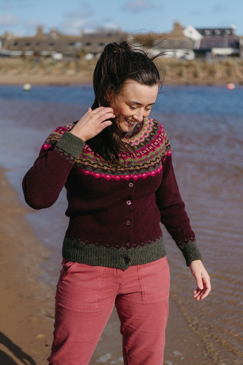 burgundy wine fair isle cardigan womens crathie yoke