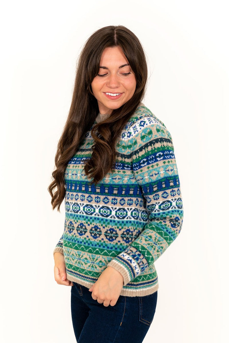 ladies fair isle jumper green blue wool drumtochty