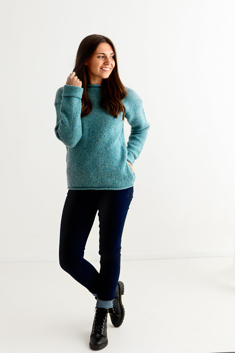 womens teal aqua wool chunky cuffed jumper sweater full
