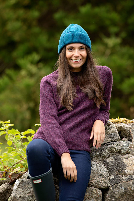 womens aubergine purple wool jumper sweater shetland saddle shoulder eggplant