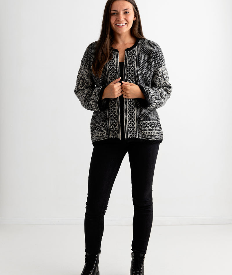womens fairisle wool kimono cardigan coatigan black putty towie